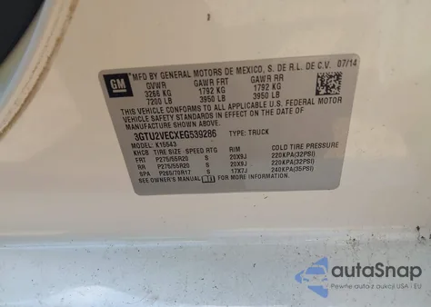 2014 GMC Sierra 1500 Slt z USA, uszkodzony, nr VIN 3GTU2VECXEG539286